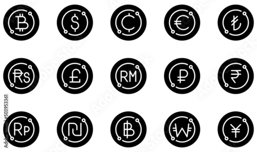Set of Vector Icons Related to Currency. Contains such Icons as Bitcoin, Dollar, Cents, Euro, Pound, Baht and more.