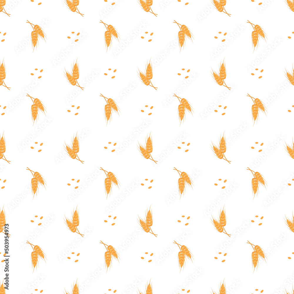 Seamless pattern with golden ear of wheat on white background. Print of grains for making flour, baking bread and other food. Vector flat illustration Seamless pattern with golden ear of wheat on white background. Print of grains for making flour, baking bread and other food. Vector flat illustration