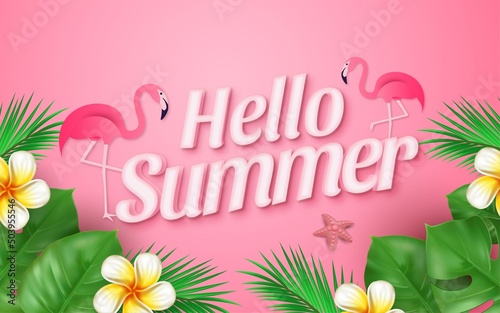 Realistic hello summer sale concept with tropical leaf flamingo and starfish on pink background © BengkelDesign