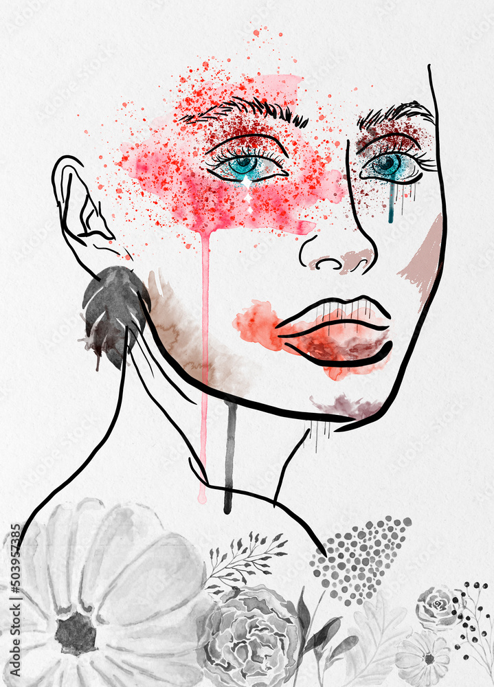 Creative abstract illustration of a woman portrait. A mix of watercolor, pen  and ink painting. Dripping paint, watery colors, flowers and leaves,  splashes. Outline sketch artwork. Stock Illustration | Adobe Stock