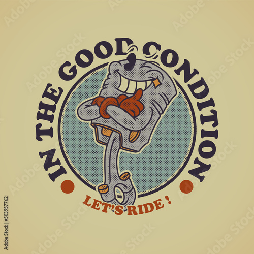 Cartoon emblem of smiling piston with retro style