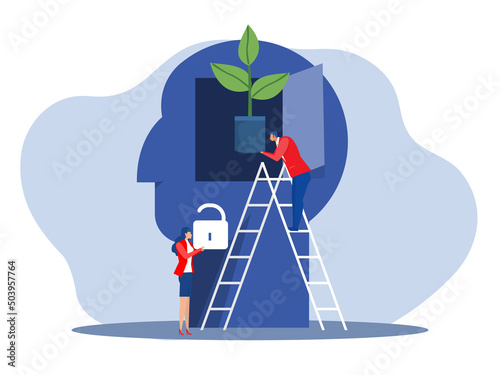 Businessman in a suit holding the tree in pot top head human chang idea Growth mindset concept vector