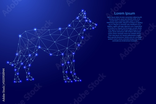 Dog from futuristic polygonal blue lines and glowing stars for banner, poster, greeting card. Vector illustration.