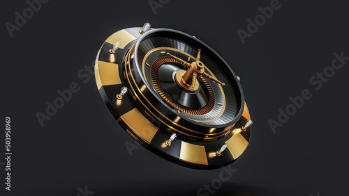 Roulette, poker on the chip roulette and nightlife, risky game at casino lights. Game of chance isolated in the dark, shiny numbers and ball. 3d rendering.