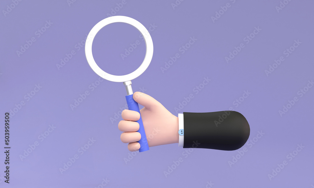 Cartoon hand holding magnifying glass isolated Cartoon hand holding magnifying glass isolated