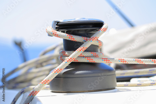 Main halyard winch on sailing yacht