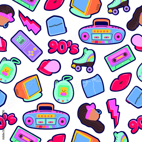 Seamless pattern with trendy patch badges with woman, lips, tape recorder, speech bubbles and other elements on white background. Vector illustration on theme fashion 90s.