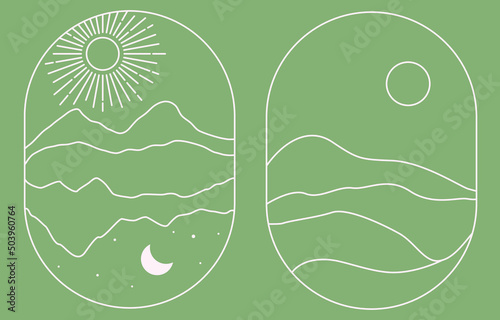 Linear landscapes in boho style. Bohemian logos: desert, mountains, hills in a trendy minimalistic style. Sun and moon, sunset. Travel Emblems. Branding design templates. Stock vector illustration.	