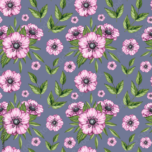 Watercolor floral pattern with pink anemones