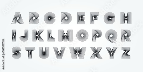 Alphabet, font, typography design. Wireframe style. ABC typeface family design. Depth, optical illusion, wire like design. Lines, swirls, curves, 3d depth.