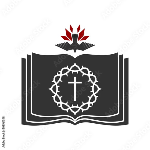 Christian illustration. Church logo. The cross of Jesus against the background of an open bible, on top is a dove - a symbol of the Spirit.