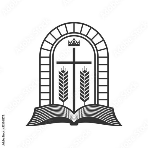 Christian illustration. Church logo. Open bible, ripe ears of corn and the cross of Jesus.