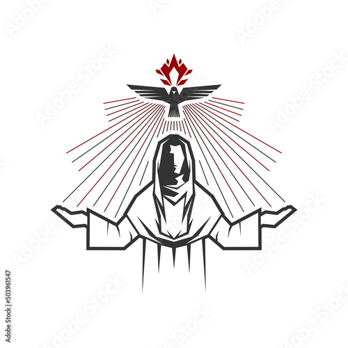 Christian illustration. Church logo. Jesus and the dove descending on Him is a symbol of the Holy Spirit.