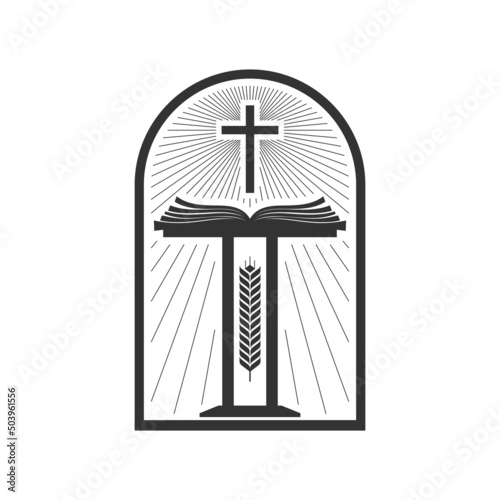 Christian illustration. Church logo. Bible pulpit and cross of Jesus Christ.