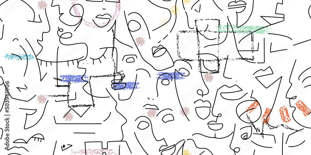 Obraz premium One line drawing. Abstract face seamless pattern.