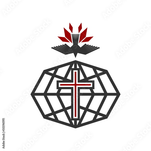 Christian illustration. Church logo. The cross of Jesus Christ on the background of a globe, from above a dove in a flame of fire.