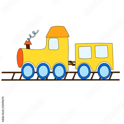 Cartoon engine, wagon, wheels and railway for child. TCute icon for holiday, birthday and shop. Vector. photo