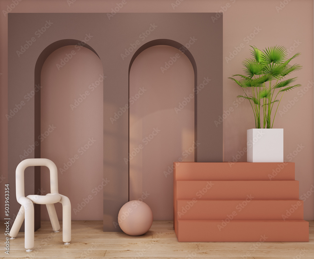 minimal Cylinder abstract arch and geometric decorated with minimal chair and plant in pink scheme color studio interior 3d rendering. minimal Cylinder abstract arch and geometric decorated with minimal chair and plant in pink scheme color studio interior 3d rendering.