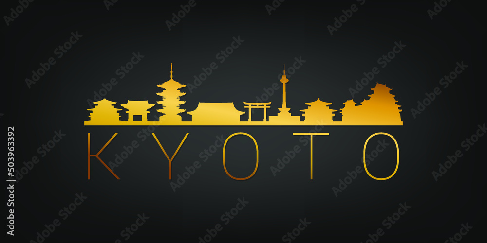 Naklejka premium Kyoto, Japan Gold Skyline City Silhouette Vector. Golden Design Luxury Style Icon Symbols. Travel and Tourism Famous Buildings.