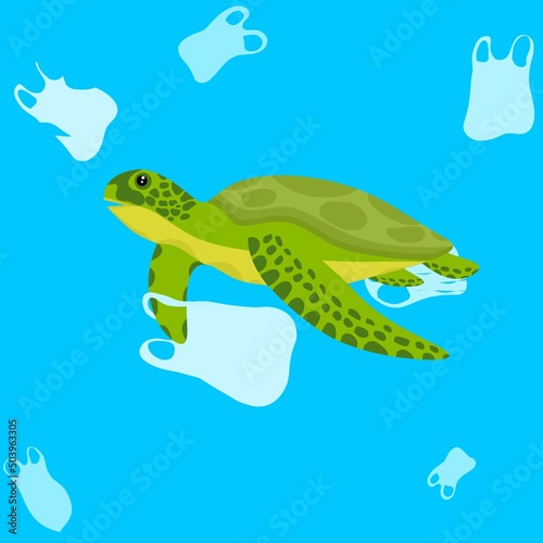 Plastic waste pollution in the sea. A large turtle swims in a sea of ​​trash, and gets stuck in a plastic bag. Green turtles are endangered. Polluted sea background illustration.