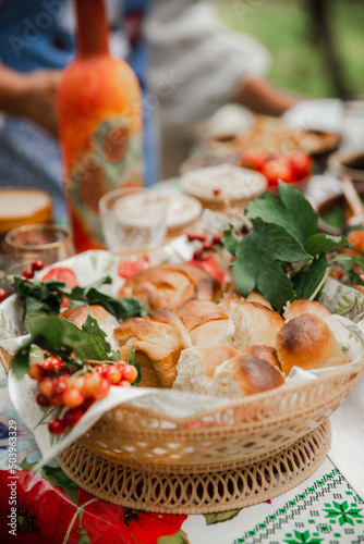 Ukrainian folk dishes with blurred background