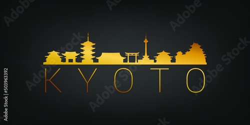 Kyoto, Japan Gold Skyline City Silhouette Vector. Golden Design Luxury Style Icon Symbols. Travel and Tourism Famous Buildings.