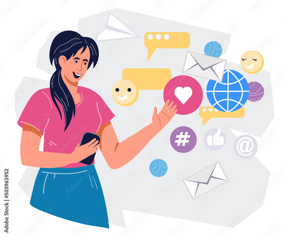 Social media management and internet marketing strategy concept. SMM Social media manager or influencer creating content, flat vector illustration isolated on white background. Social media management and internet marketing strategy concept. SMM Social media manager or influencer creating content, flat vector illustration isolated on white background.