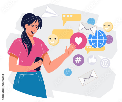 Social media management and internet marketing strategy concept. SMM Social media manager or influencer creating content, flat vector illustration isolated on white background.