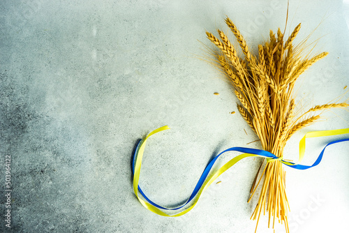 Bunch of wheat tied with blue and yellow ribbons to symbolise Ukrainian solidarity photo