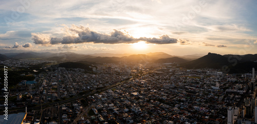 Aerial view of BR101 crossing Balneário Camboriú during sunset, Brazil.