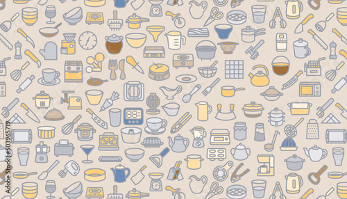 Seamless pattern with kitchen elements in flat style.