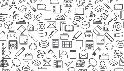 Black outline seamless pattern with stationery .