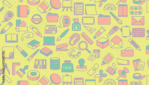 Office supplies seamless pattern on yellow background.