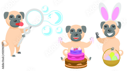Set Abstract Collection Flat Cartoon Different Animal Pug Dogs Puppy Blows Soap Bubbles  Eating Cake  In Bunny Ears With A Basket Of Eggs Vector Design Style Elements Fauna Wildlife
