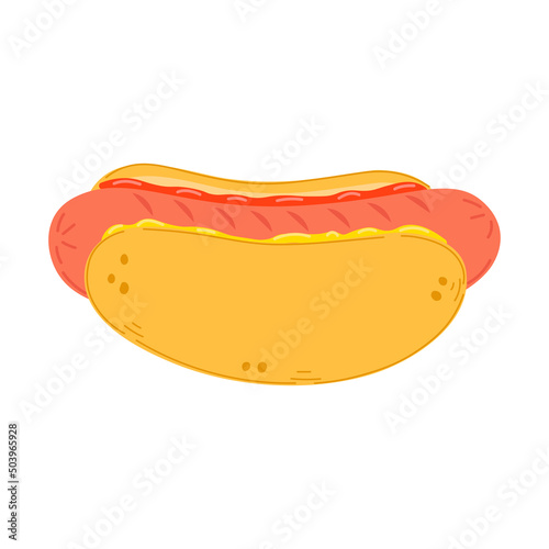 Cute funny hotdog character. Vector hand drawn cartoon kawaii character illustration icon. Isolated on white background. Happy hotdog character concept