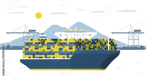 Loaded container ship enters the port. Vector illustration.