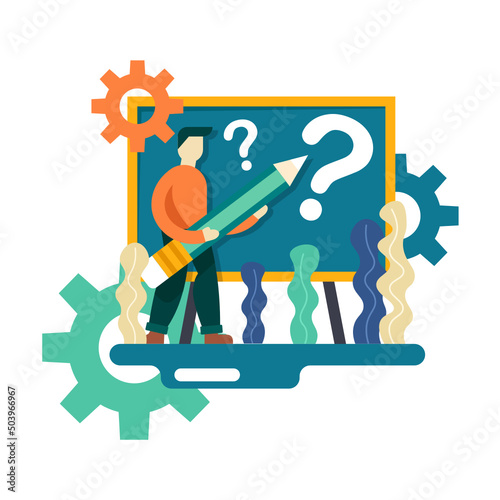 Young man is holding a pencil for writing question mark on the board. business concept vector illustration isolated on white background.