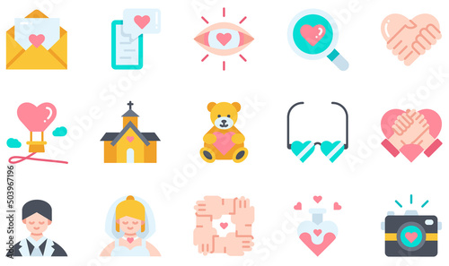 Set of Vector Icons Related to Love. Contains such Icons as Love Letter  Loving  Hand In Hand  Groom  Bride  Love Potion and more.