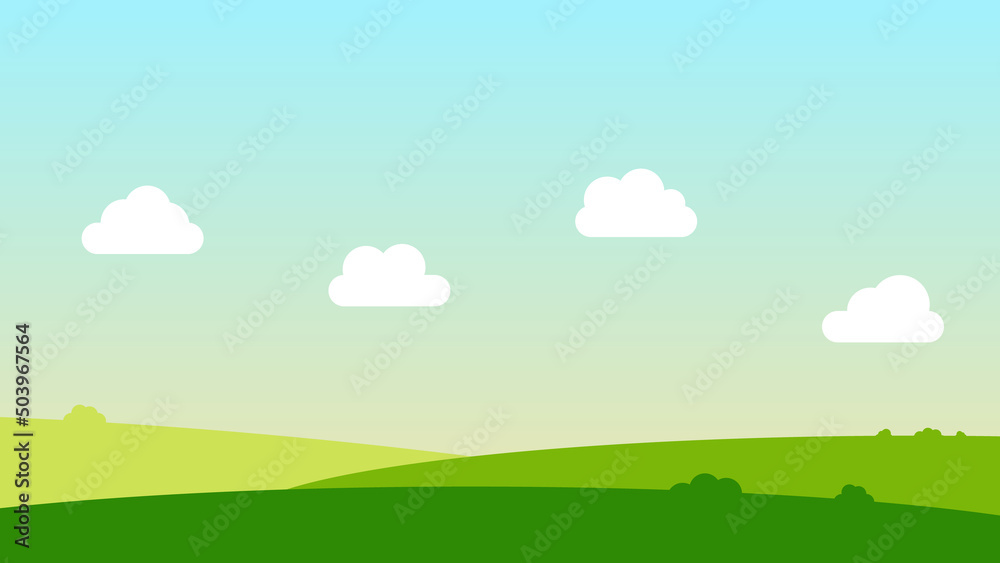 landscape cartoon scene with bush on hills and white cloud on blue sky background