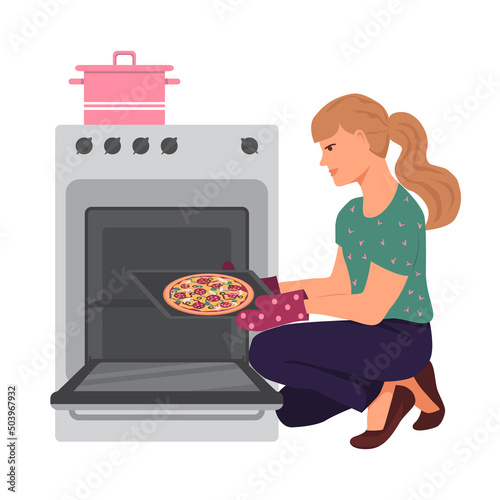 Girl is sitting in front of an open oven with a dish. Young woman puts a pizza in the oven. The concept of cooking at home. Vector Illustration in a flat style on white background.