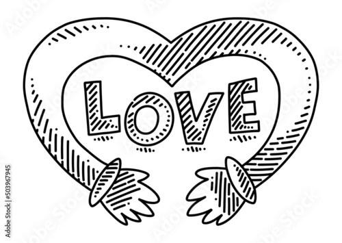 Hug in the shape of a heart with the word love in the middle symbolizing tenderness