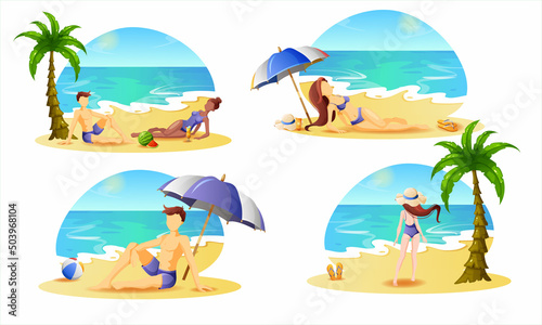 Men and women tourists on vacation rest on the beach. Recreation, summer tourism.