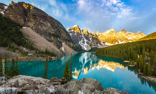 Moraine Lake, panorama reflection, Canadian Rockies, Banff National Park, Alberta, Canada