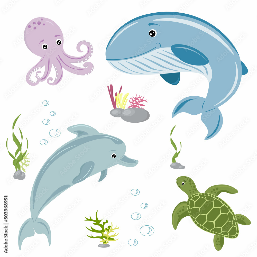 set of different marine inhabitants set of different marine inhabitants