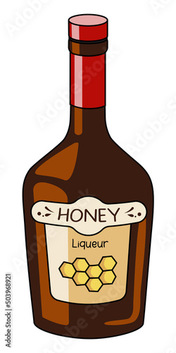 Sweet honey liqueur in a bottle. Doodle cartoon hipster style vector illustration isolated on white background. For party card, posters, bar menu or alcohol cook book