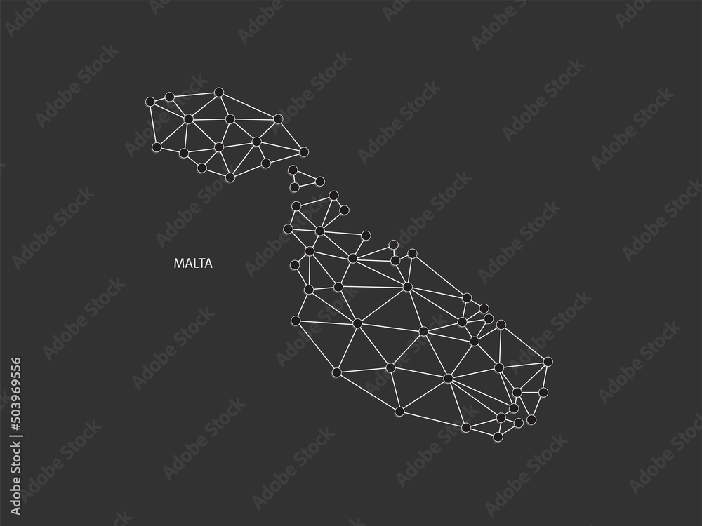 Malta Map Point scales on black background. Wire frame polygonal network white line, dot and shadow dot. Malta Map Point scales on black background. Wire frame polygonal network white line, dot and shadow dot.