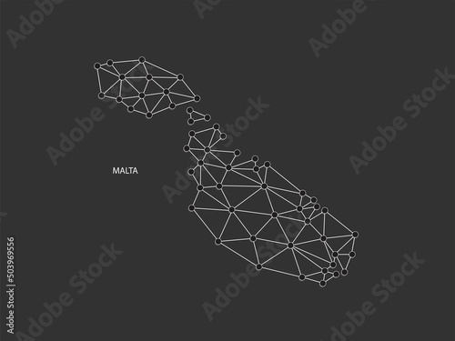 Malta Map Point scales on black background. Wire frame polygonal network white line, dot and shadow dot.