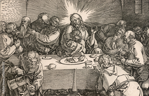 BERNOLAKOVO, SLOVAKIA, DECEMBER 29, 2016: Lithography of Last supper designed by Albert Dürer (1471 - 1528) printed in Germany (1928). photo