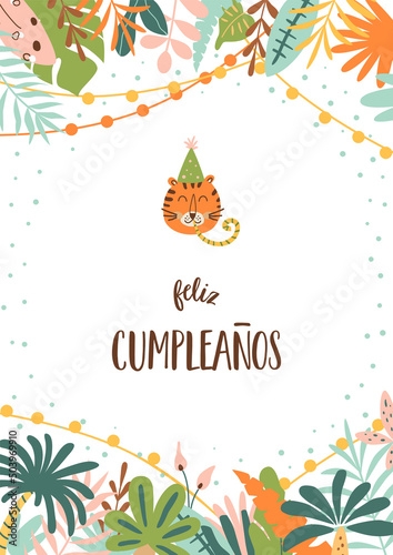 Feliz cumpleanos jungle birthday poster. Feliz Cumpleanos means Happy Birthday in Spanish. Tropical leaves and tiger photo