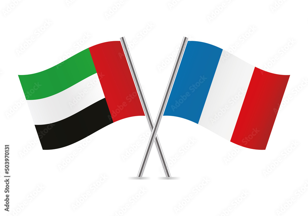 The United Arab Emirates and France crossed flags. UAE and French flags on white background. Vector icon set. Vector illustration. The United Arab Emirates and France crossed flags. UAE and French flags on white background. Vector icon set. Vector illustration.